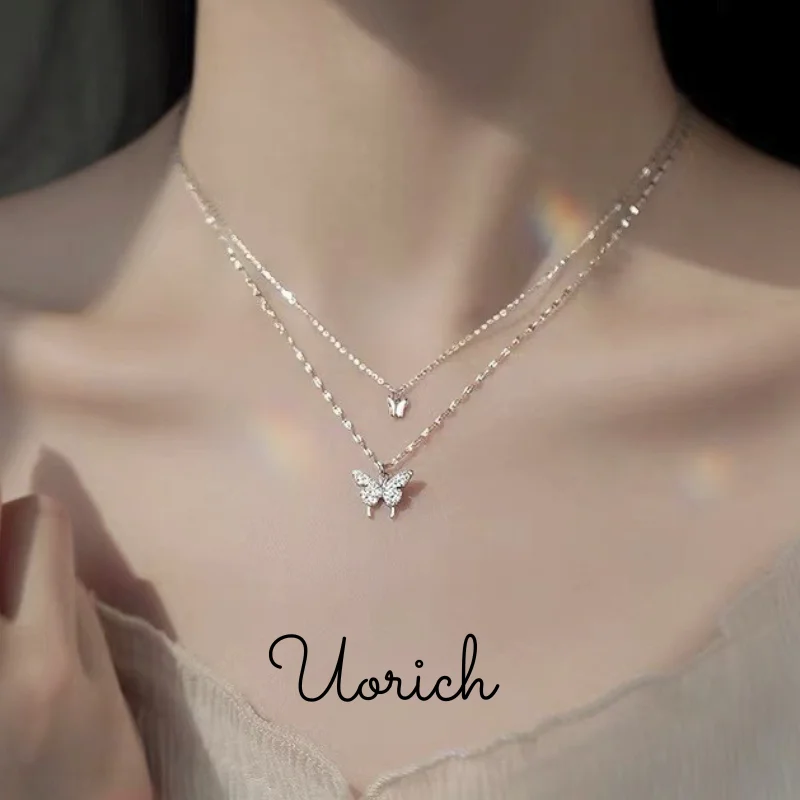 Uorich Simple Fashion Double Layer Diamond Inlay Pendant Butterfly Necklaces for Women Pop Alloy Clavicle Necklaces Daily Wear