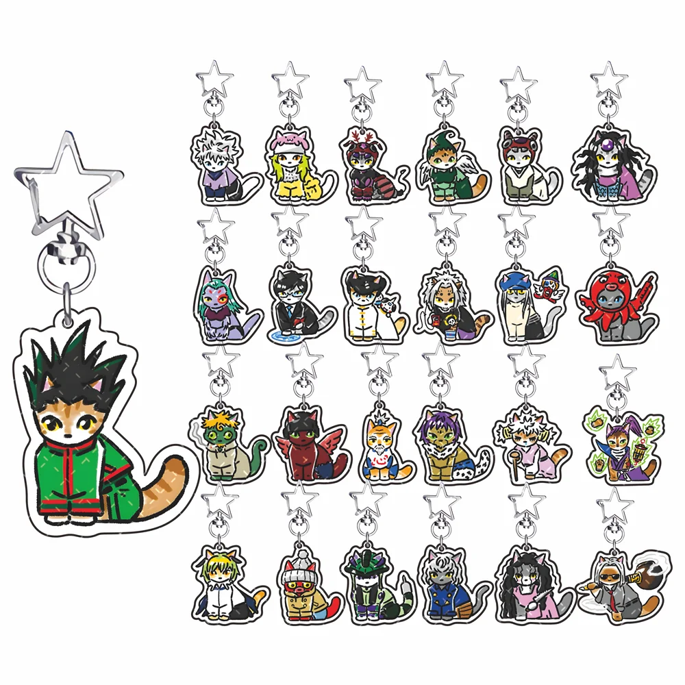 HUNTER×HUNTER 6cm Cute Cat Chibi Acrylic Keychain Anime Star Clasp Bag Charm Keyring Collectible Pendant Decor Gift for Fans