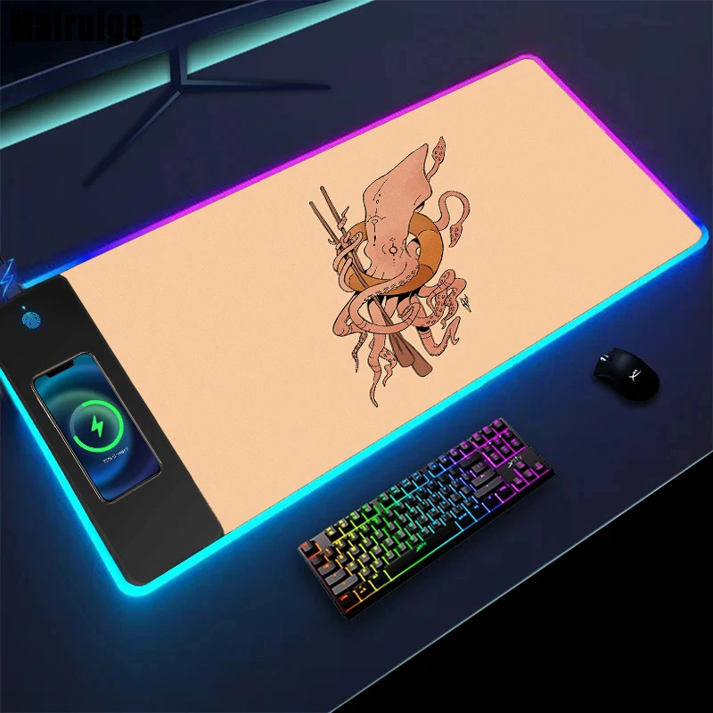 Calmars Wireless Charging Mouse Pad Anime Gaming Setup Carpet Desk Gadgets Desktop Mat Mousepad Xxl Office Accessories Mouse Mat