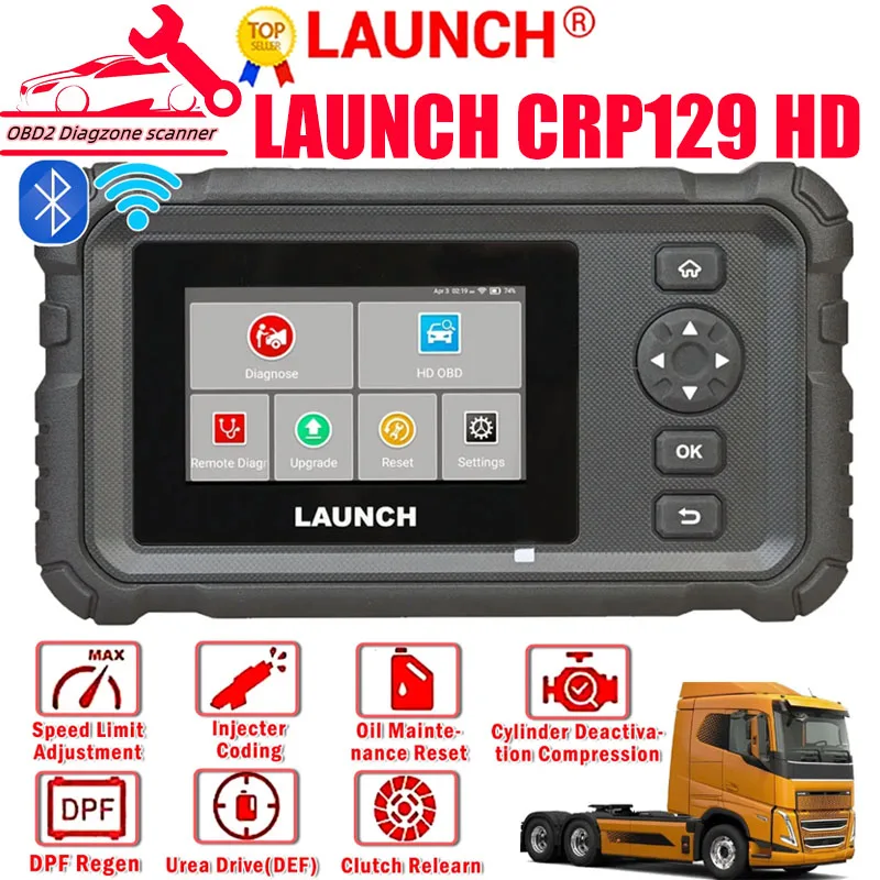 Диагностический сканер LAUNCH X431 CRP129 HD OBD2, сверхмощный прибор для сканирования грузовиков, устройство для чтения кодов Full System CRP129 HD с 7 сбросами