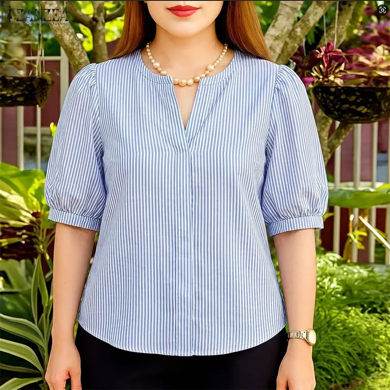 

ZANZEA Women Summer Striped Blouse Elegant V Neck Half Sleeve Office Shirt Casual Loose Tunic Tops Female Chemise Mujer Oversize