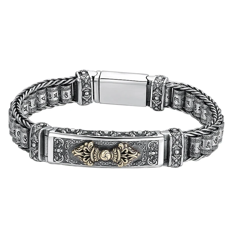 QN Silver Bracelet Men\'s Personality Style Retro Creative Hand-woven Six-character Mantra Barrel Bead Chain For Boyfriend Gift