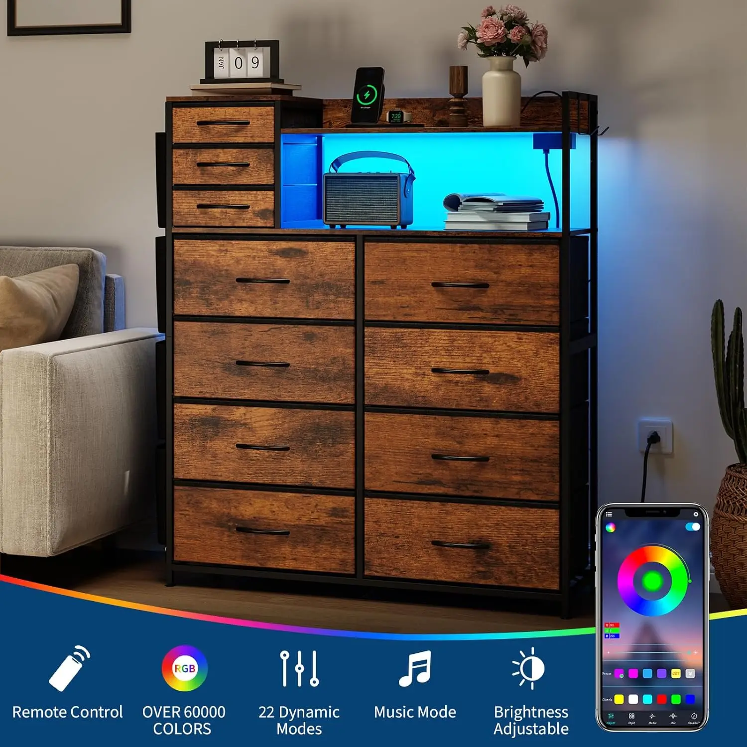 Tall Dresser with 11 Fabric Drawers, Modern Storage Cabinet with App-Controlled LED, USB Charging Ports & Power Outlets, Anti-Tip Safety, for Bedroom Living Room Entryway, Rustic Brown