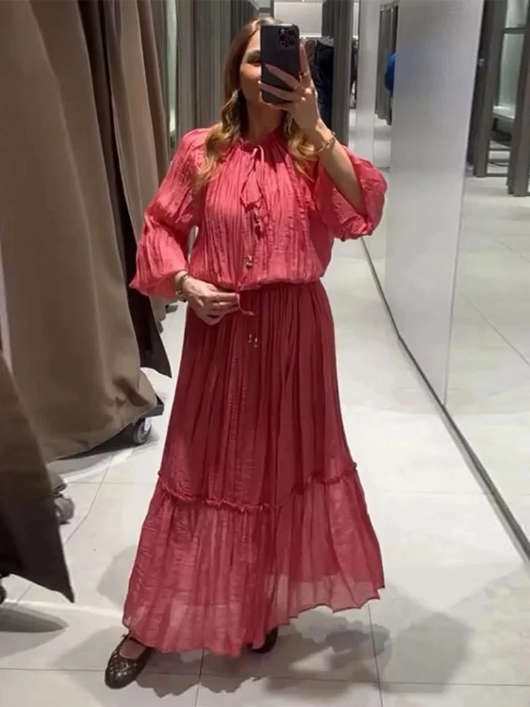 

Свободные комплекты юбок со рюшами на шнуровке, женские блузки с v-образным вырезом и рукавами-фонариками, юбка трапециевидной формы с высокой талией и оборками, лето 2021, женские наряды