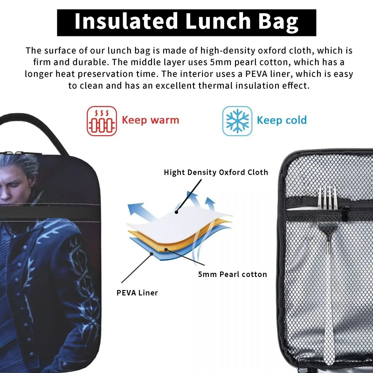 Vergil From The Devil May Cry Series Insulated Lunch Bag for Women Children Leakproof Food Boxes Thermal Lunch Box Tote