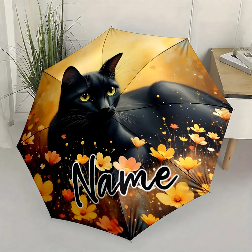Custom Name Black Cat in a Field of Flowers Umbrella 8 Iron Ribs Folding Umbrella Auto-Open Fashionable Sunshade Deluxe Gift