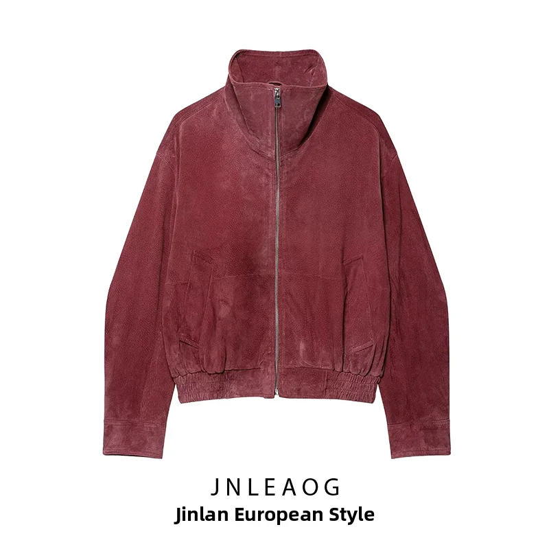 JNLEAOG Women's Pure Leather Pilot Jacket Stand Collar Long Sleeve Zipper Closure Outerwear Autumn New Style 6318252