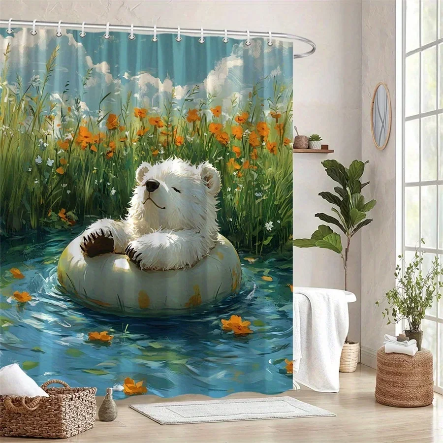 ~O~1pc Whimsical Fluffy White Bear Cub on Yellow Inflatable Ring in Sunlit Pond with Orange Flowers, Green Grass & Blue Sky Clou