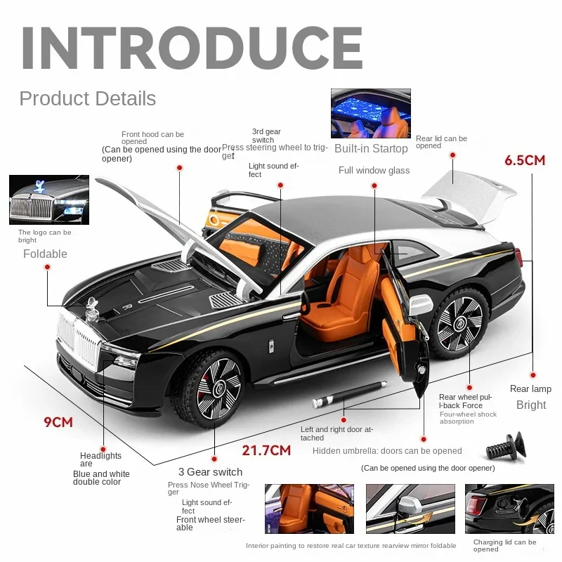 Supercar Model Alloy Diecast Toy Vehicles Simulation 1/24 Rolls Royce Spectre Children Boy Birthday Gift Collection Miniature