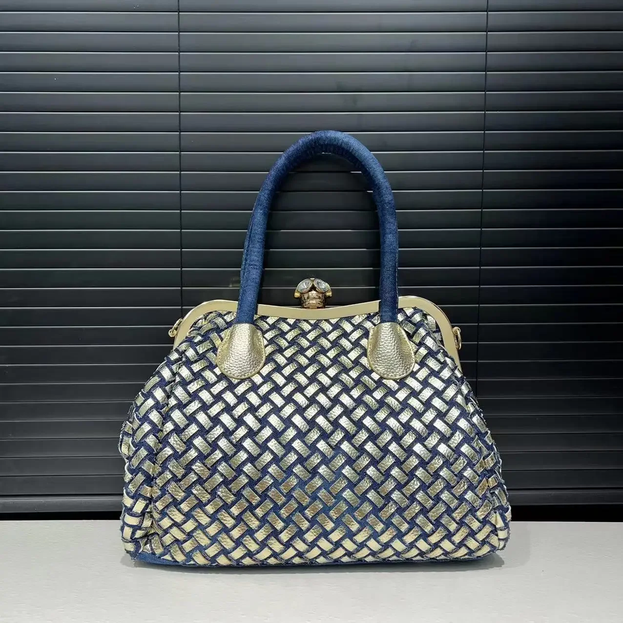 Sac à bandoulière en denim tissé nickel é pour femme, sac fourre-tout diamant, mode initiée, grande capacité