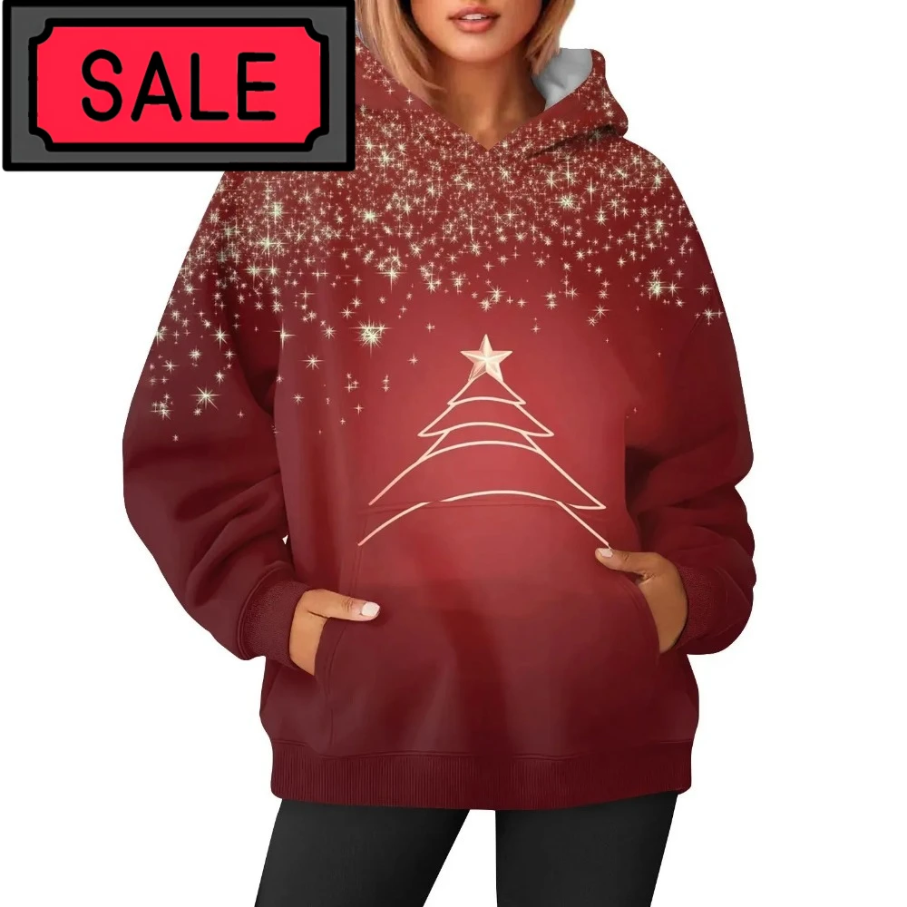 New Year Christmas Tree Print Sweatshirts For Women Fashion Cartoon Funny 3D Santa Claus Pattern Hoodies Pullover Winter Clothes