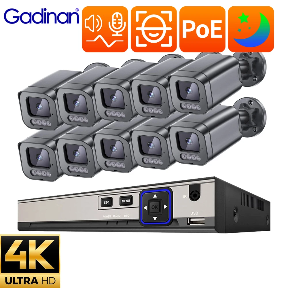 gadinan outdoor video surveillance camera kit sistema de seguranca poe smart face detect audio bidirecional nvr cctv 10ch 8ch 4ch nvr 8mp 01