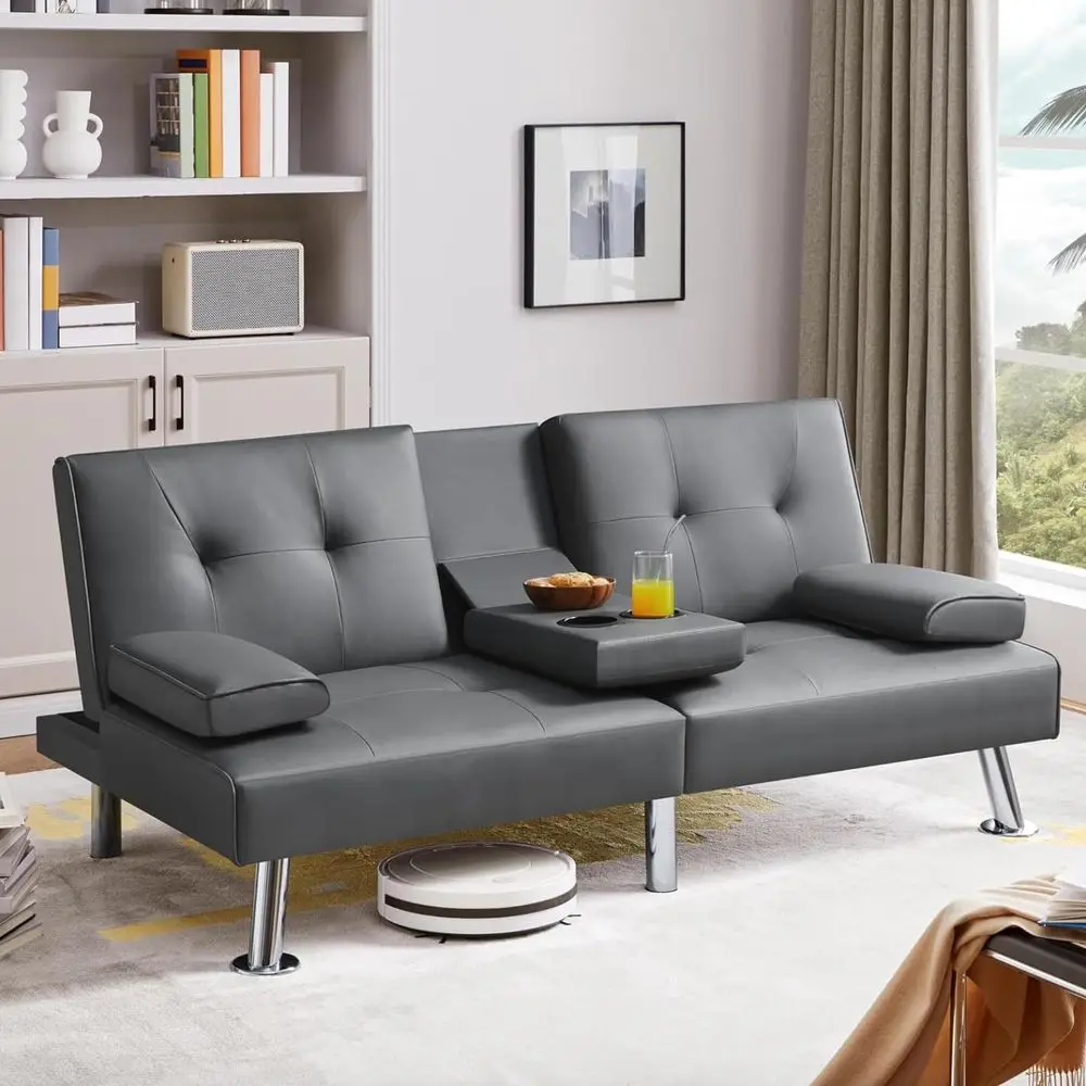 

Leather-Covered Convertible Sofa Bed for Compact Spaces with Removable Armrests and Metal Legs in Light Gray