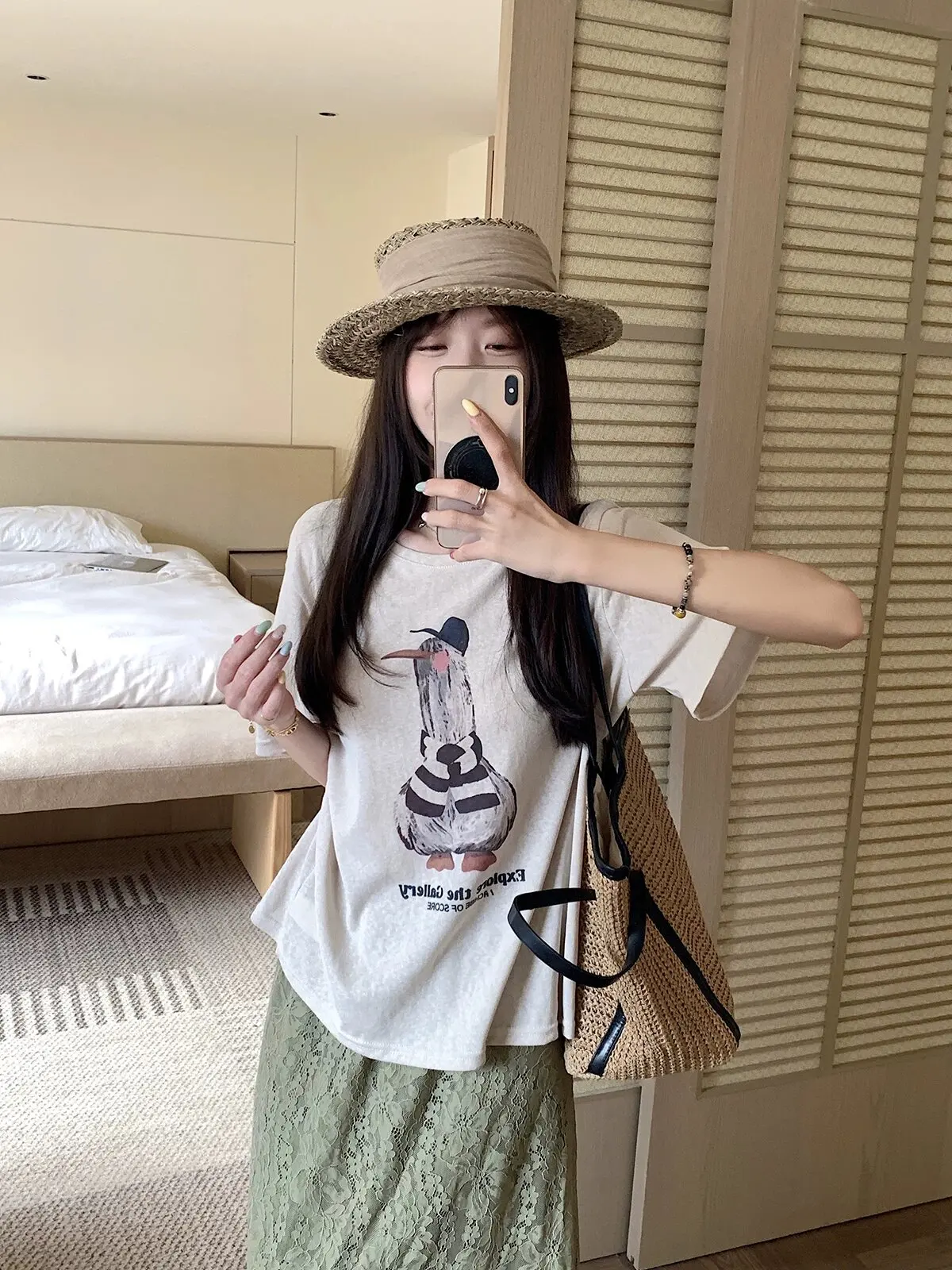 

Kokiri Thin Loose Cartoon Short Sleeve T-Shirt Lace Half-length Skirt Women Summer Fashionable Set Breathable High-waist Roun...