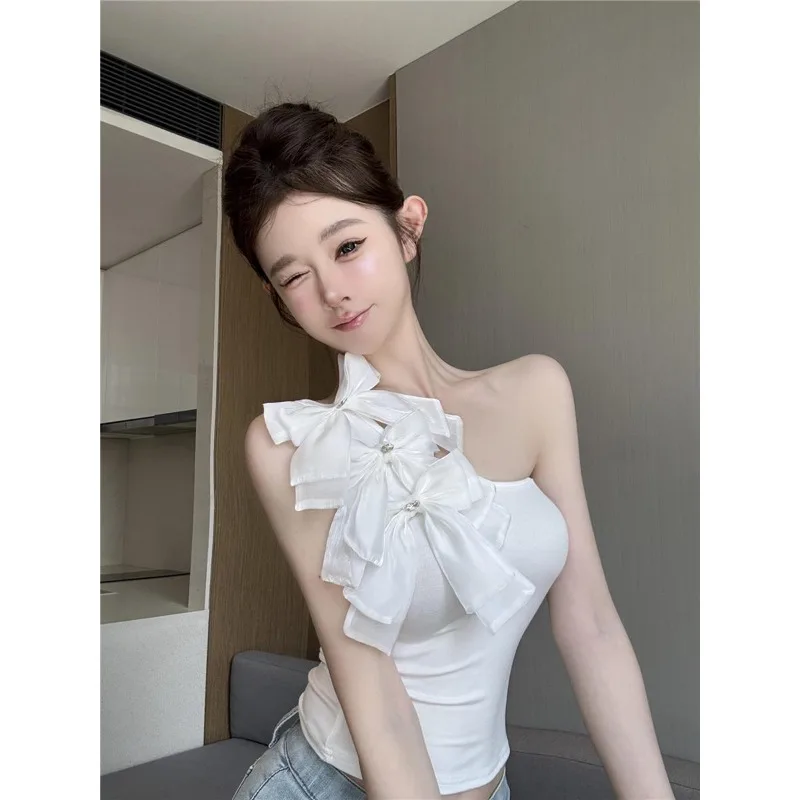 Pure Desire Wind Slanted Shoulder Tube Top Summer New Super Fairy Beauty Bow Off The Shoulder Slim Temperament Short Vest Women