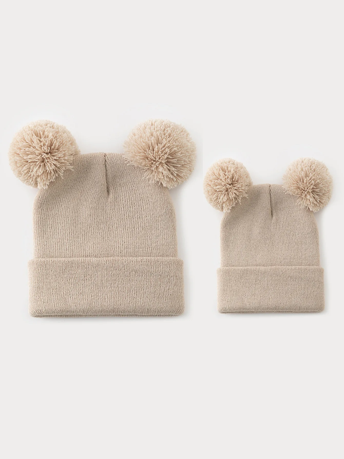 Cute Parent-Child Twin-Ball Knitted Hat Solid-Colour Woolly Beanie Autumn-Winter Ear-Warming Knitted Hat Warm Head Covering