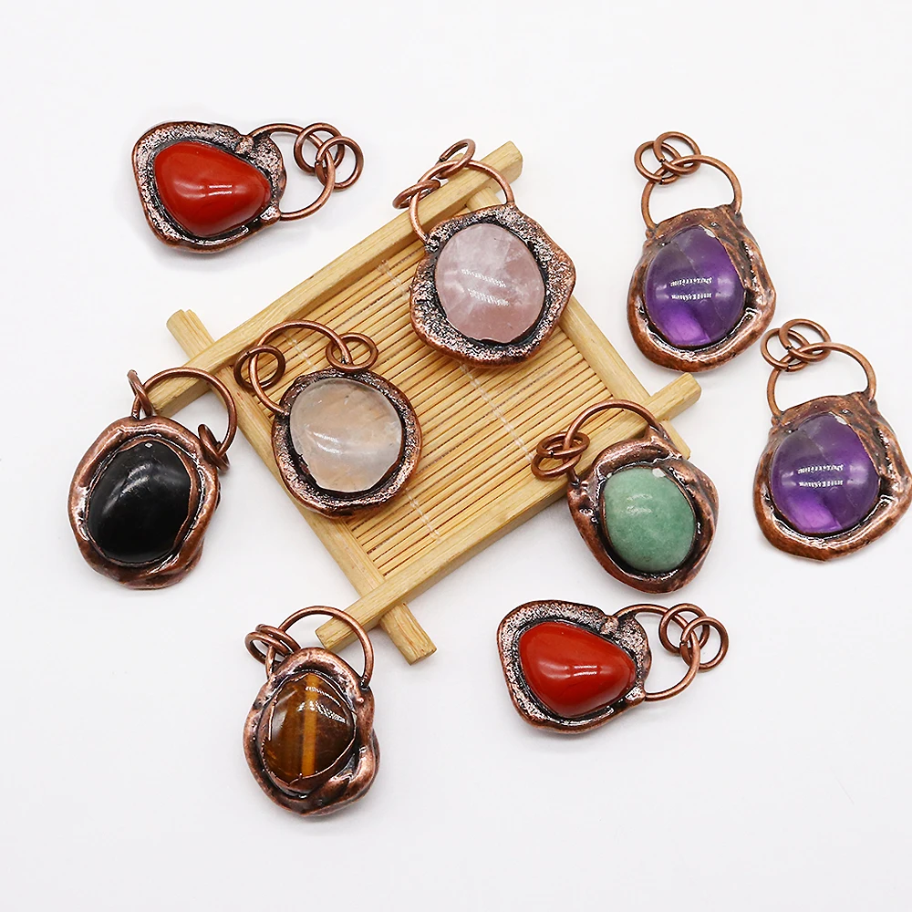 Natural Stone Crystal Quartz Tiger Eye Pendant Bronze-Coloured Irregular Pendant for Jewelry Making DIY Necklace Vintage Jewelry