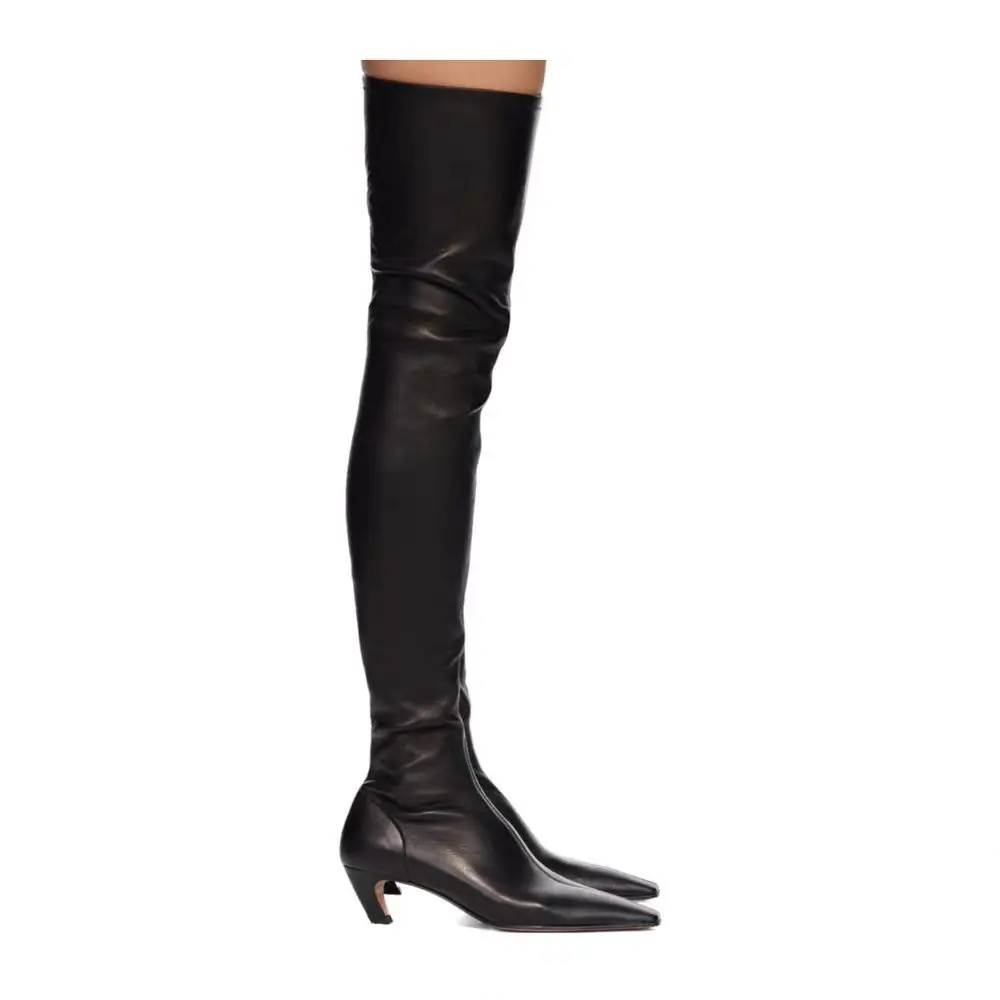 New Arrival Balck Over The Knee High Boots Small Square Toe Middel Heel Sexy Tight-fitting Elastic Thigh Boots For Women