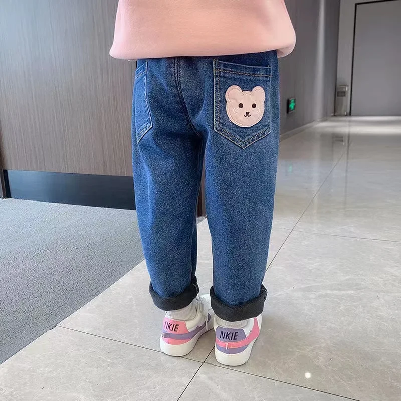 Winter Velvet Lined Girls Jeans Pants Vintage Thick Elastic High Waist Kids Denim Plush WarmFleece Winter Pants