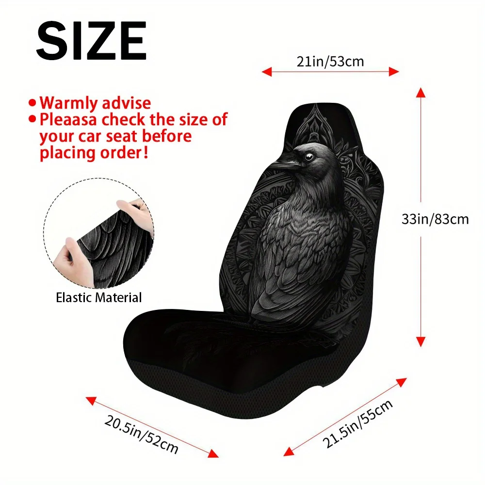 2pcs Horror Fantasy Raven Artistry Themed Car Seat Cover Set – Universal Fit For 2 Front Seats, Durable, High-Quality, Fashionab