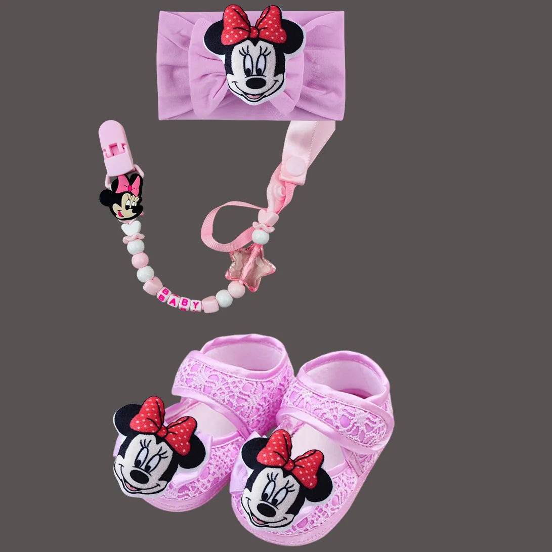Sepatu Bayi Perempuan Mickey Mouse 3D Plush Head Kawaii, Set Headband dan Rantai Empeng, Sepatu Putri Berkilau untuk Bayi Baru Lahir