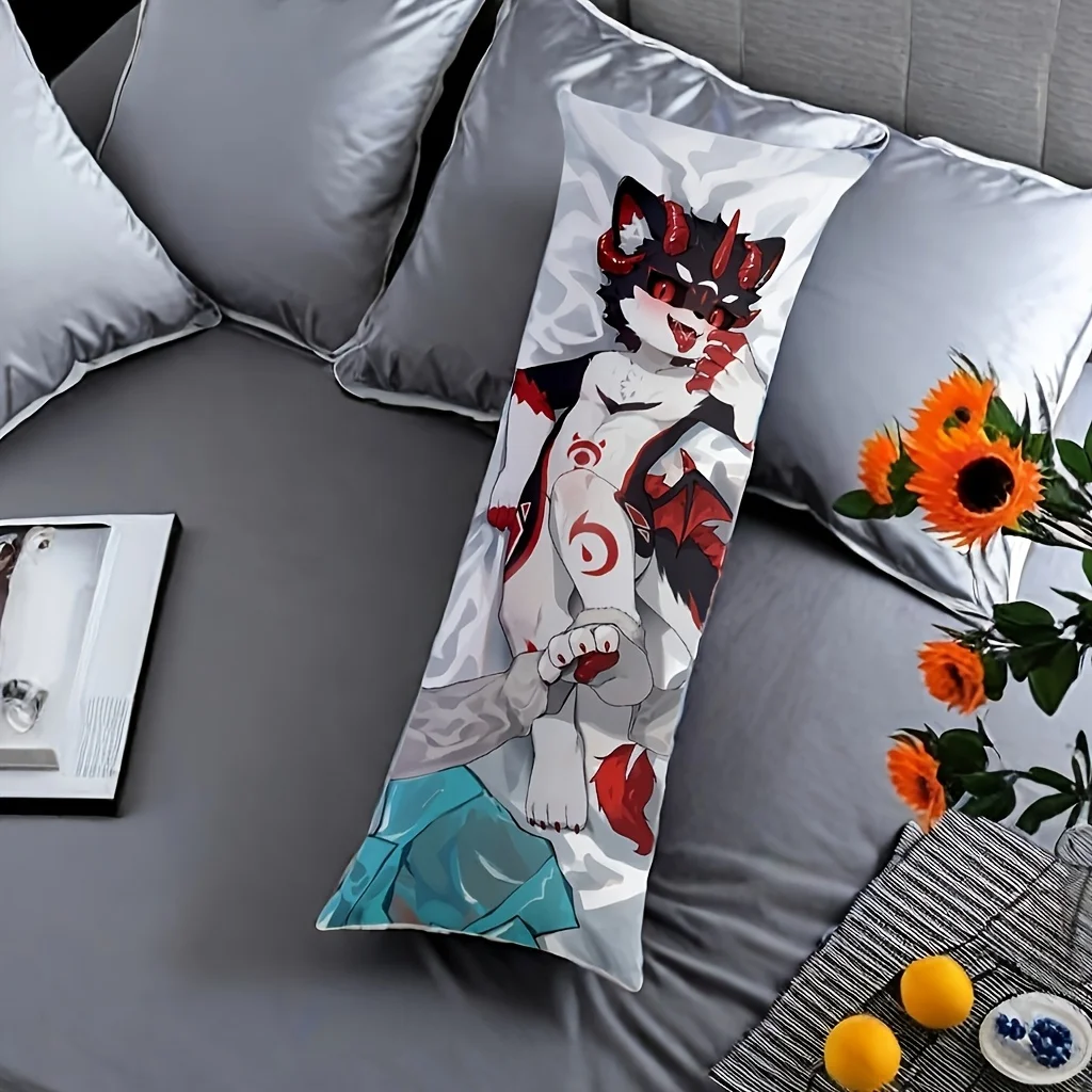 1 Charming Anime Wolf Character Long Pillowcase - High-Definition Digital Print, Hypoallergenic Polyester, Machine Washable, wit