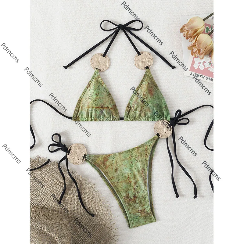 

2025 new AliExpress European and American lace-up sexy triangular bikini split swimsuit women's beach hot spring swimsuit