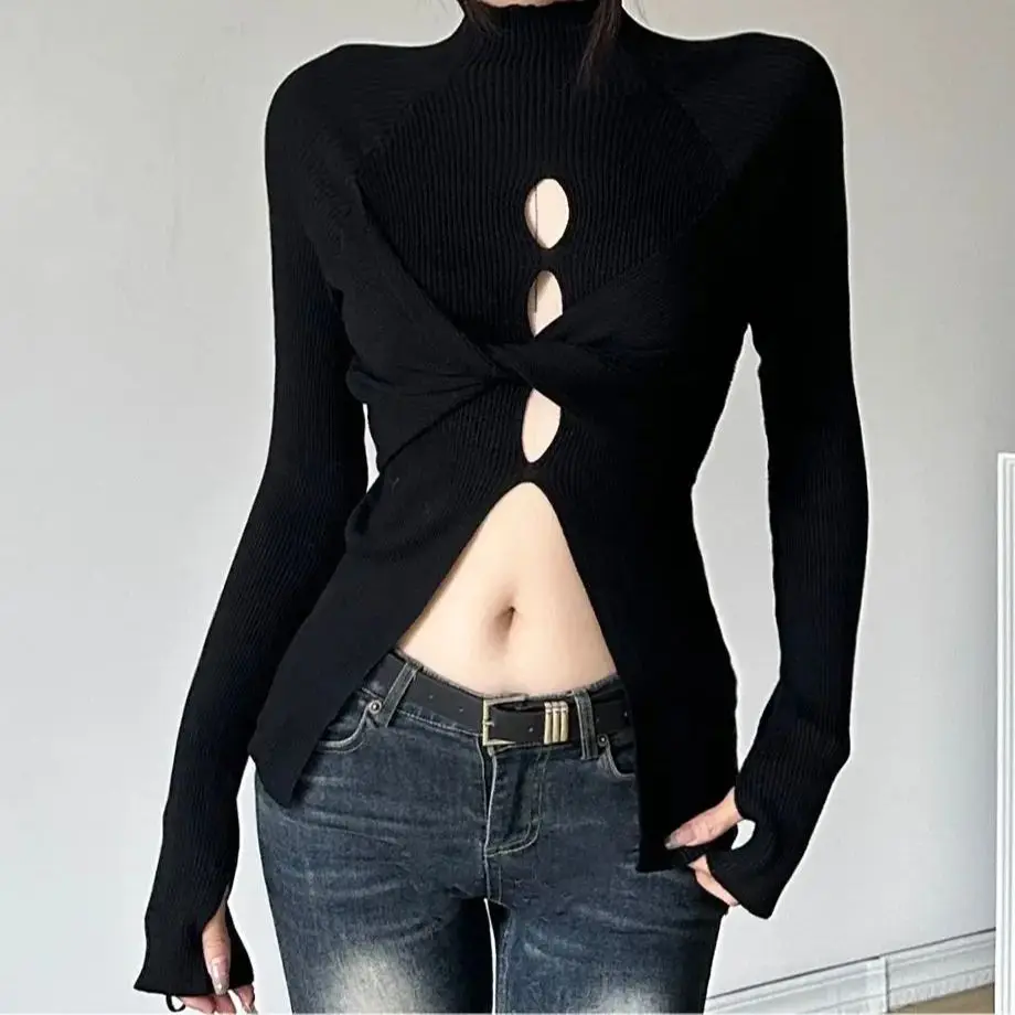 Long-Sleeved Half-High Collar Hollow Slit Design Top 2024 Spring New Style Slimming And Versatile Bottoming Shirt For Women