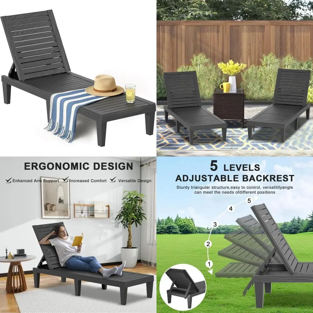 UV-Resistant Waterproof Resin Chaise Lounge Chairs with 5-Position Adjustable Backrest for Outdoor Garden, Pool, Beach, and Pati