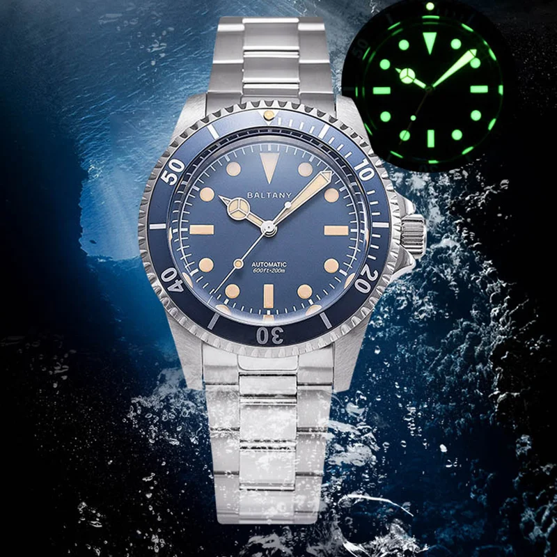 Baltany Retro Diving Wristwatch 39mm NH38 Brushed Bracelect 20ATM Luminous Stainless Steel Vintage Automatic Mechanical Watches