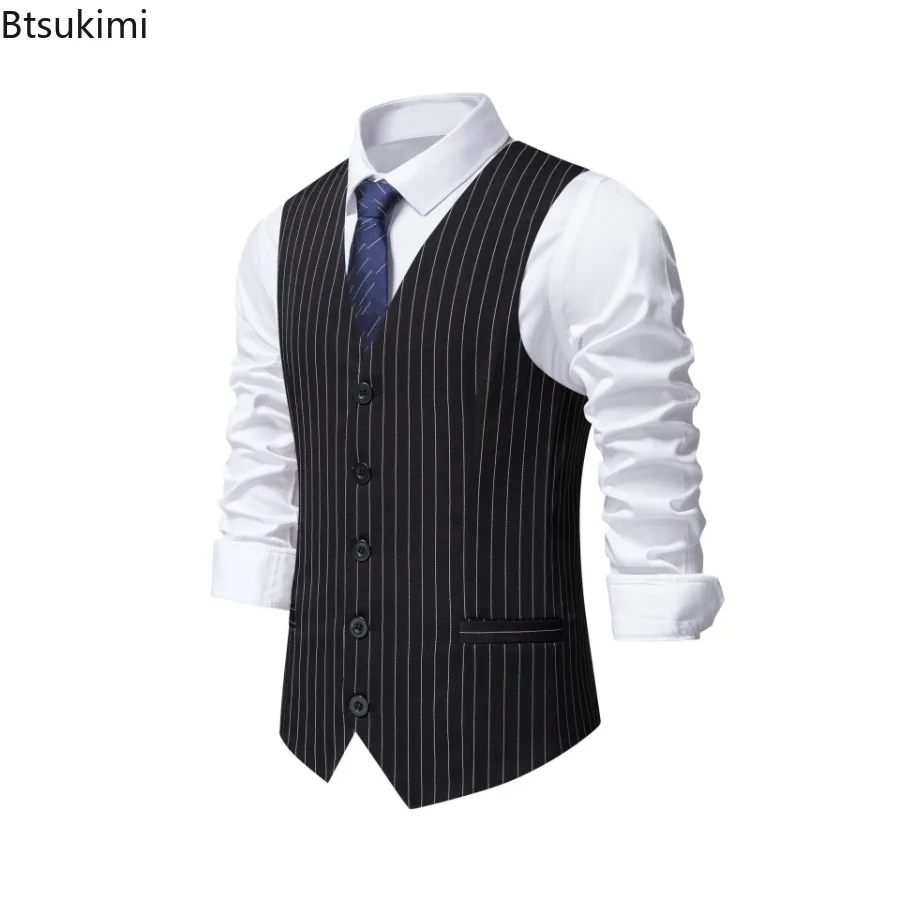 

New Men's Classic Striped Sleeveless Suit Vest Fashion Single Breasted V-neck Waistcoats Male Wedding Party Business Dress Vests