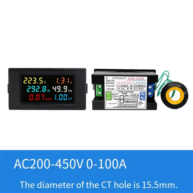 Ingenious-AC 200V-450V 100A LCD Digital Panel Wattmeter Energy Meter With Voltage, Current Display And Frequency Indicator