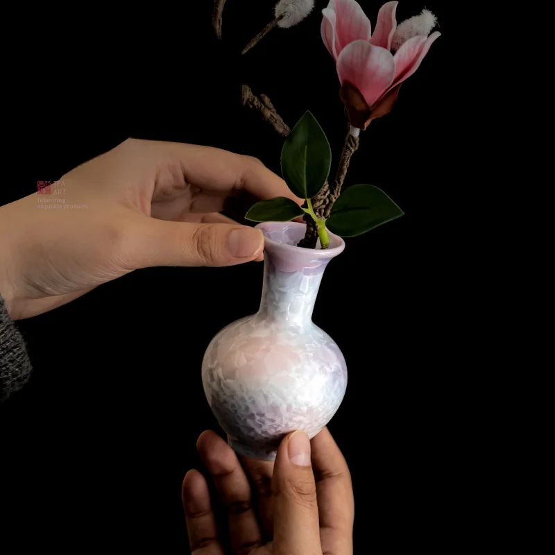 Crystal Glaze Ceramic Mini Vase Small Mouth Jade Belly Bottle for Dried Flowers, Desktop TV Cabinet Decorative Ornament