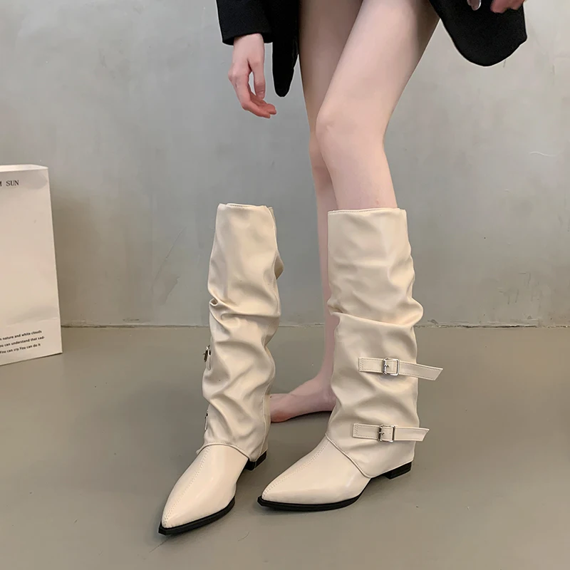 Winter Boots Lady Female Shoes Boots-Women Crossdresser Luxury Designer 2024 Punk Pointy Autumn Fashion Pleated  Pointed