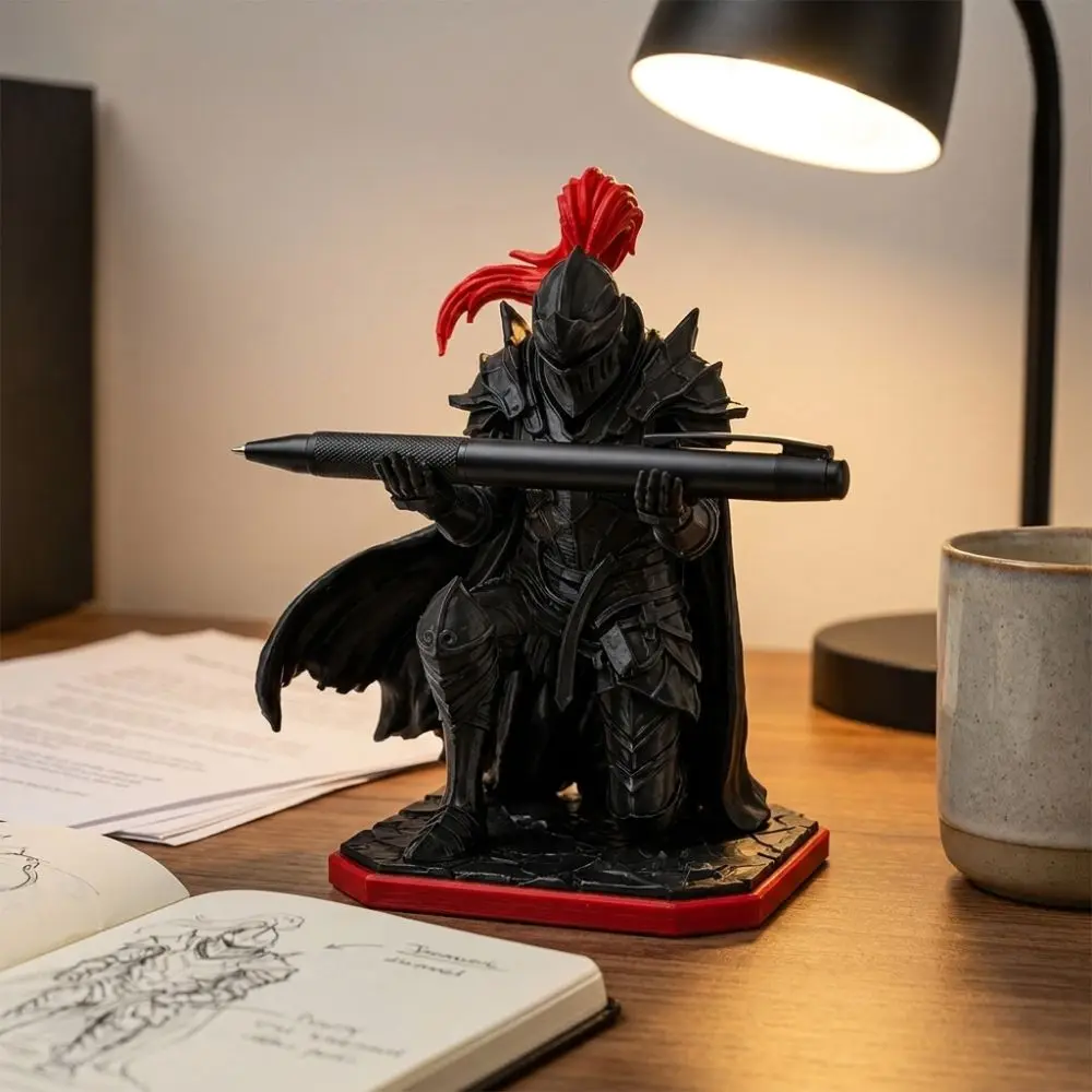 Plastic Kneeling Knight Pen Holder Statue Novelty Gift 3D Printed Dark Knight Desktop Pen Holder Red Plume Pen Display Holder