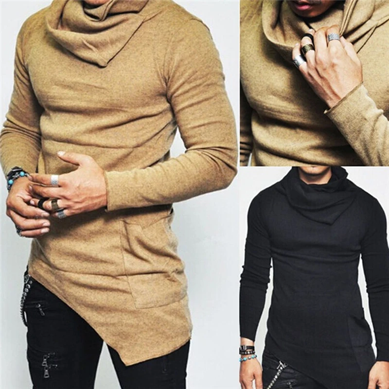 Unbalance Hem Pocket Long Sleeve Hoodies Mens Sportswear Basketball Jerseys Autumn Mens Turtleneck Sweatshirt Tops 5XL