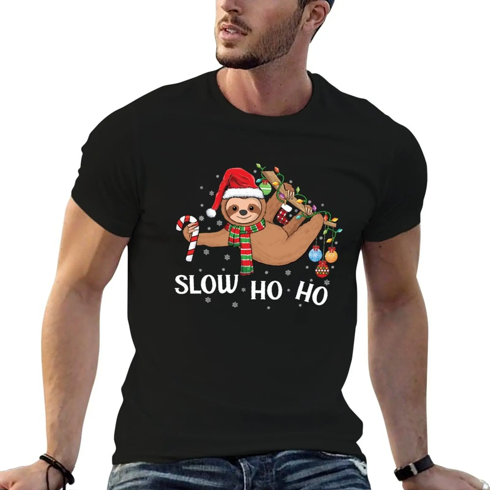 

Merry Slothmas Christmas sloth pajamas Santa hat slow ho ho Xmas sloth T-Shirt t shirt man cotton T-Shirt