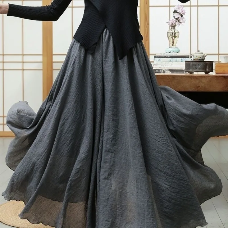 New Double-layer Women's Summer Long Skirt Fashion Large Swing High Waist Cotton And Linen Skirts Chinese Style Solid Skirts