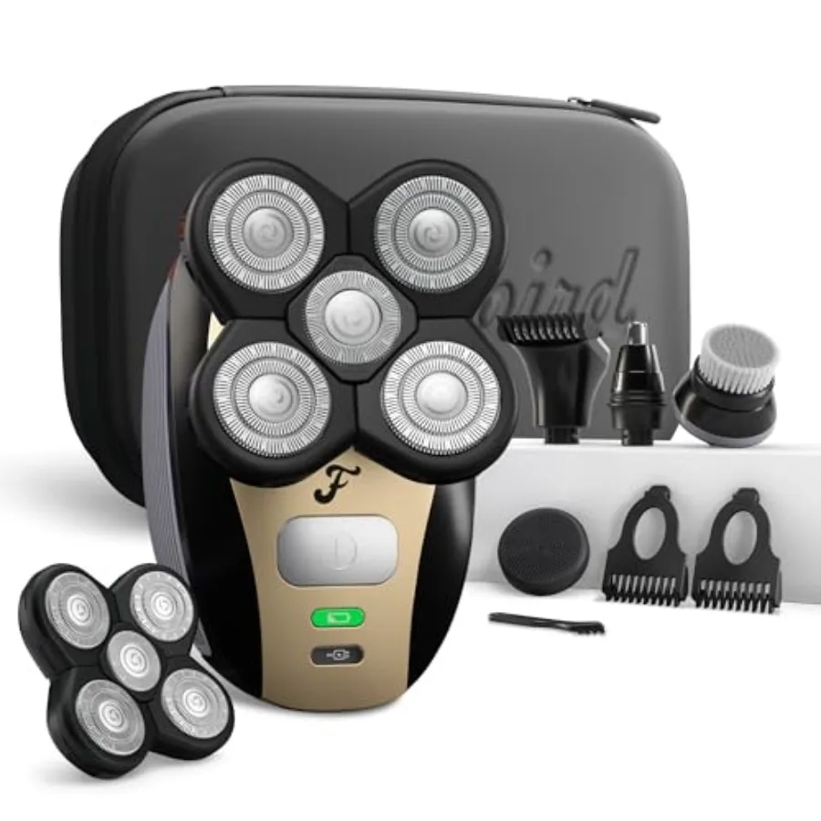 Electric head and body hair shaver for men: stainless steel, black, cordless waterproof design with rotary blades, flex-series