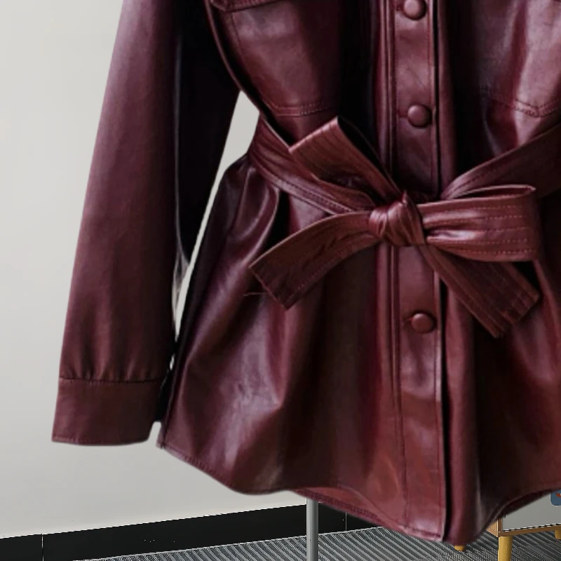 Mid-length Women Faux PU Leather Jacket With Belt Black Wine Red Casual Lapel Single-breasted Long Sleeve Fake Leather Jacket