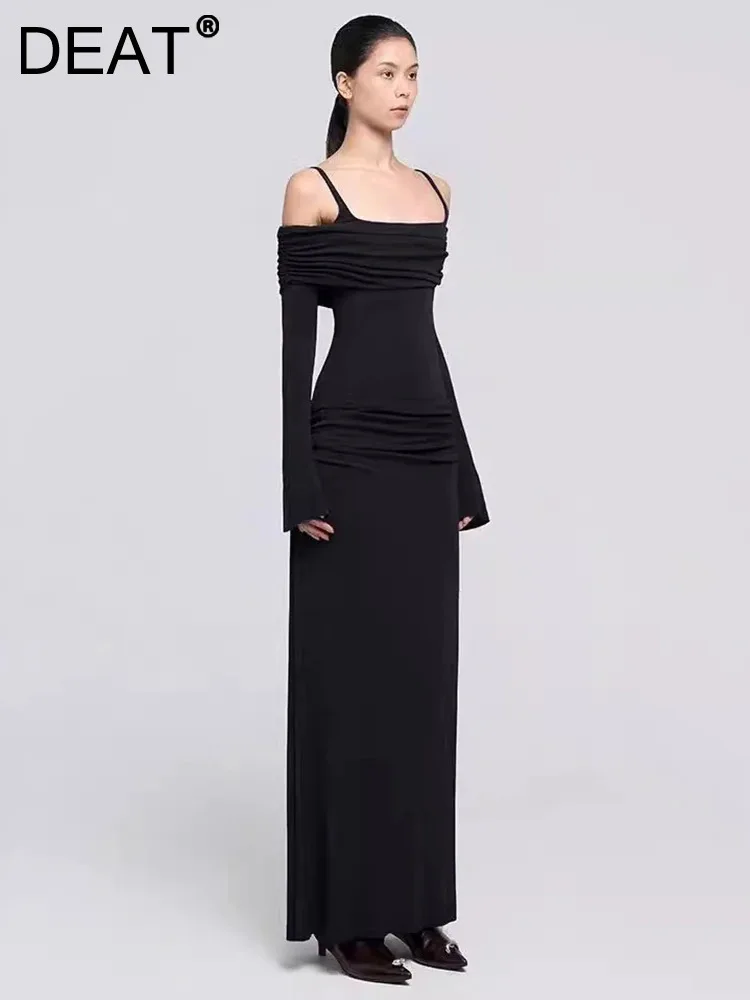 DEAT Elegant Dress Slip Slash Neck Backless Folds Slim Elastic Ankle-length Women\'s Evening Dresses 2024 Autumn New 13DLH604