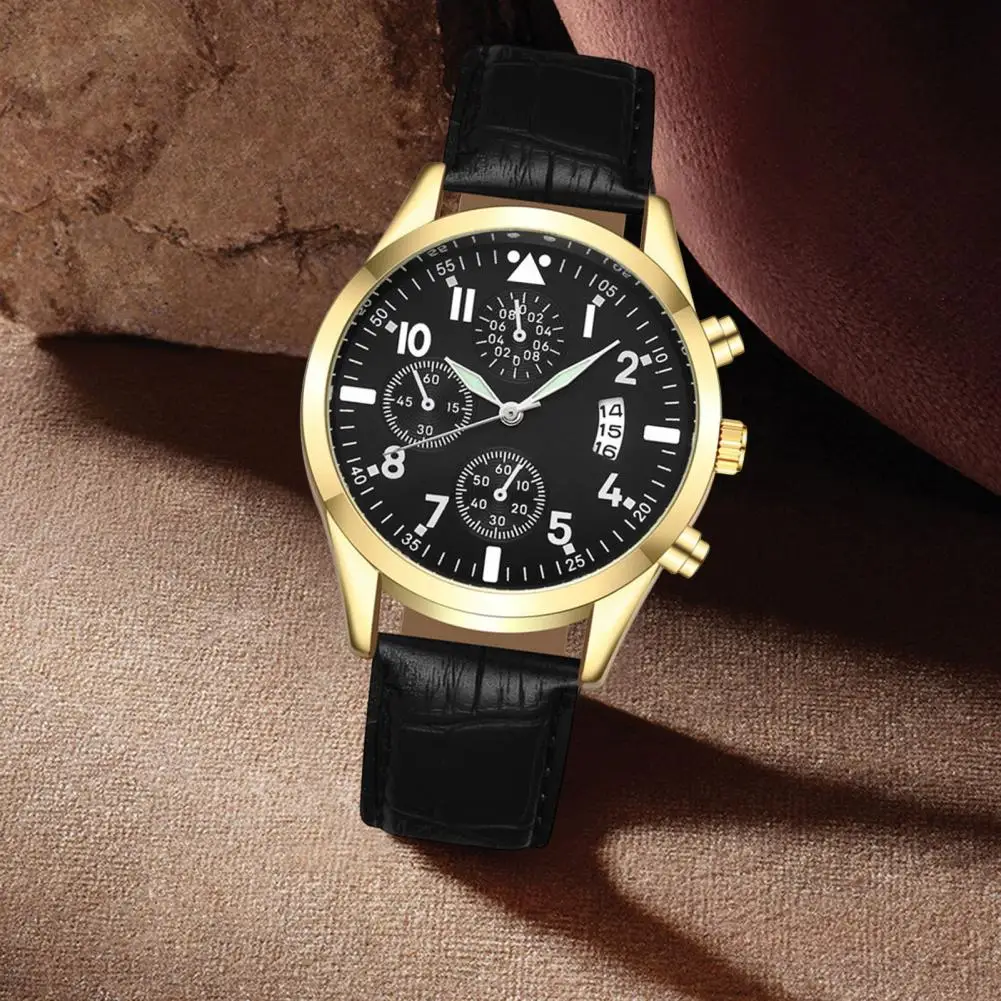 Men Luminous Watch with Faux Leather Strap Round Dial Calendar Formal Watch Accurate Quartz Analog Wristwatch Birthday Gift