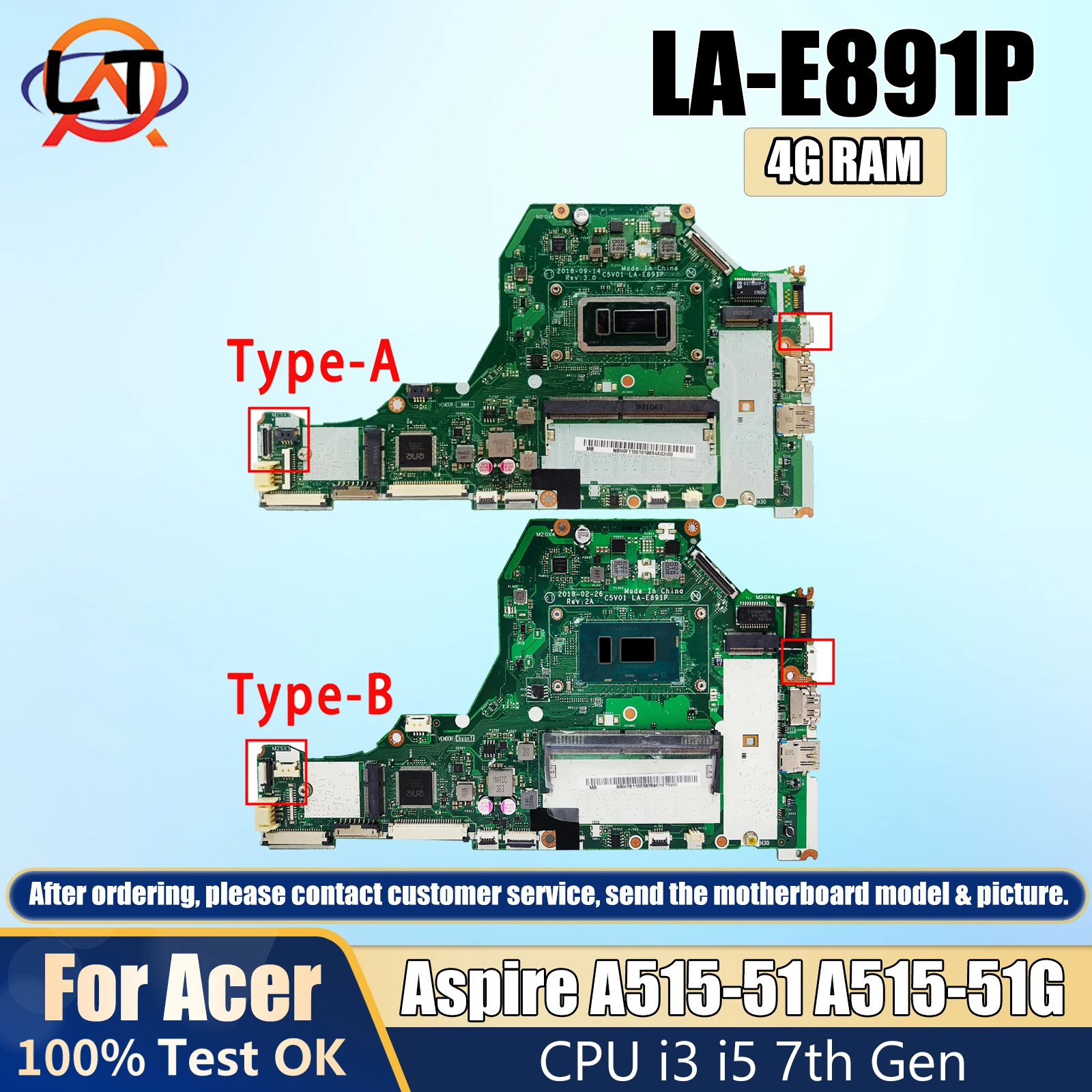 

LA-E891P Mainboard For Acer Aspire A515-51 A515-51G Laptop Motherboard With i3 i5 7th Gen CPU 4GB RAM 100% TEST OK