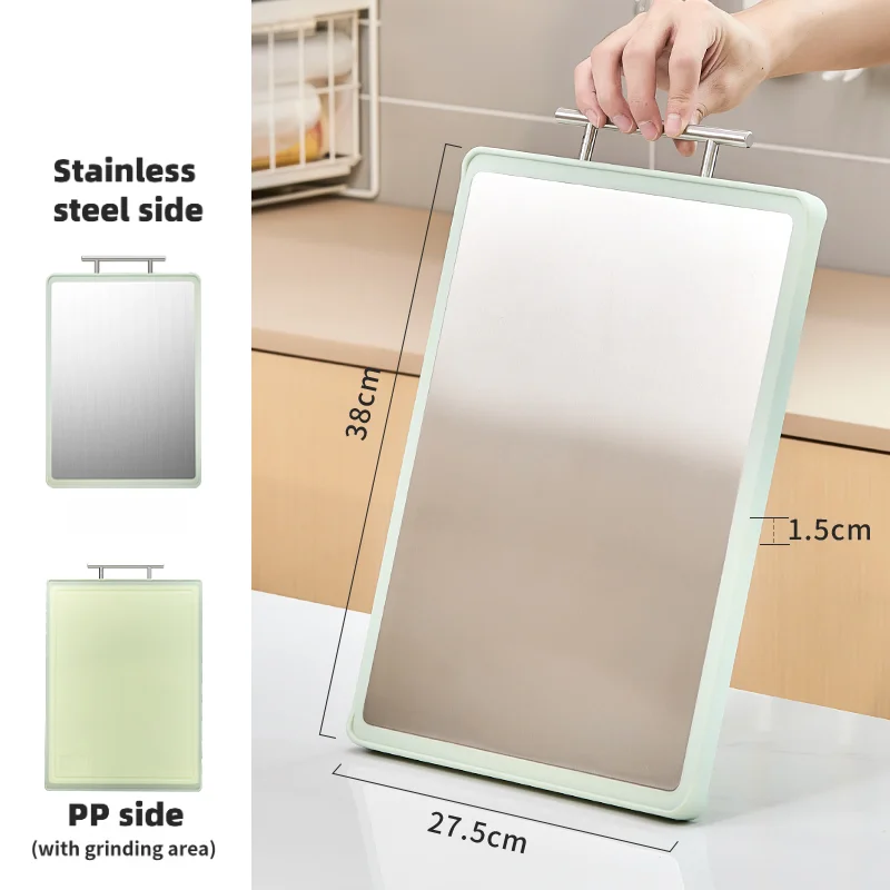

Double-Sided Cutting Board Stainless Steel & Food Grade PP Kitchen Chopping Board, Easy Clean Hanging Storage with Grinding Area