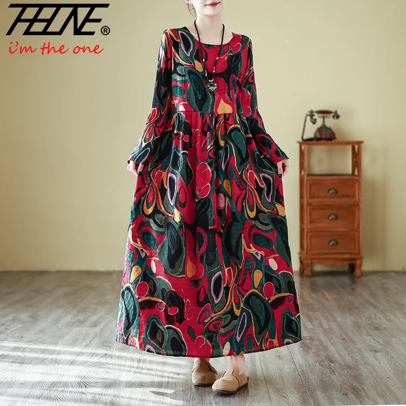 THHONE فساتين الربيع للنساء رداء طباعة عطلة الشاطئ فضفاضة س الرقبة خمر كم طويل فستان كاجوال الملابس Vestido Feminino