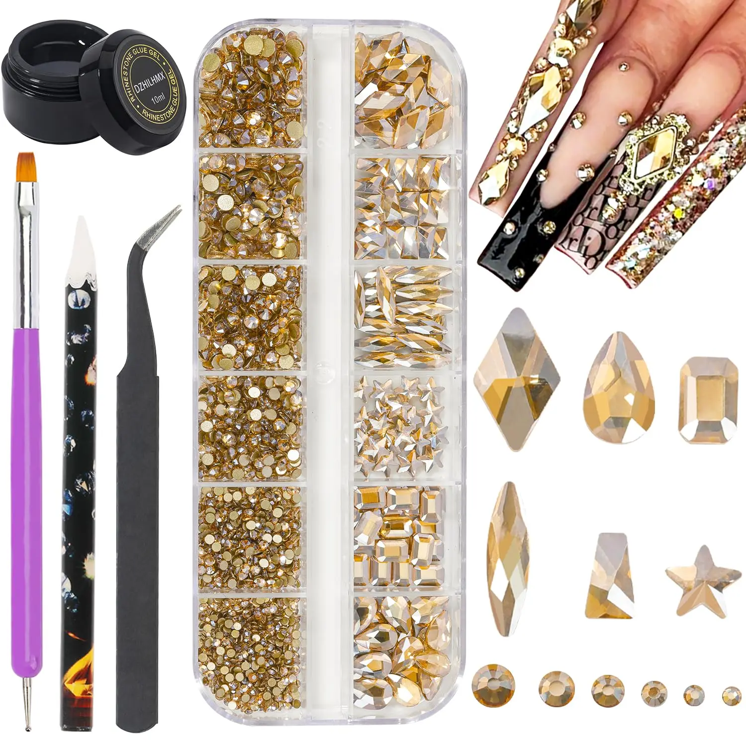 Nail Art Rhinestones Kit Crystal Glass Rhinestone Flatback Gems and Multi Shapes Mix Sizes Gems (120 + 1450 Pcs) with glue gel