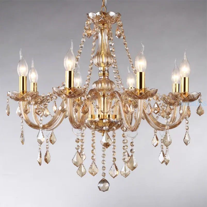 

Современная хрустальная люстра, светодиодные светильники, потолочный блеск, янтарный кулон для гостиной, светящийся домашний декоративный цоколь лампы E14