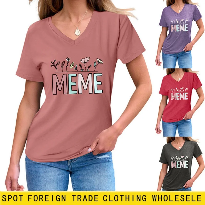 

Loose V-neck summer short-sleeved t-shirt for women, with design print, niche style, and slimming effect.