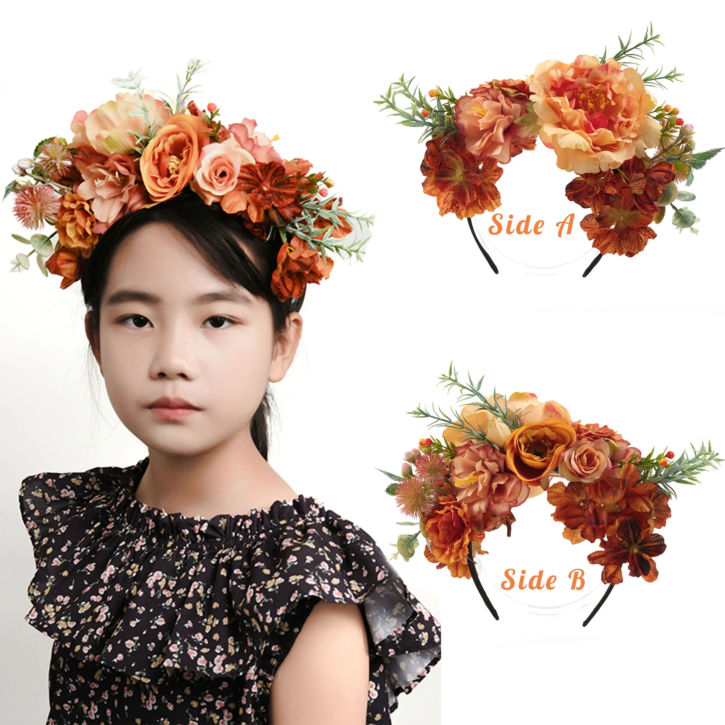 1PCS Artificial Silk Flower Headband Burnt Orange Headpiece For DIY Wedding Party Holiday Decor Handmade Flower Crown