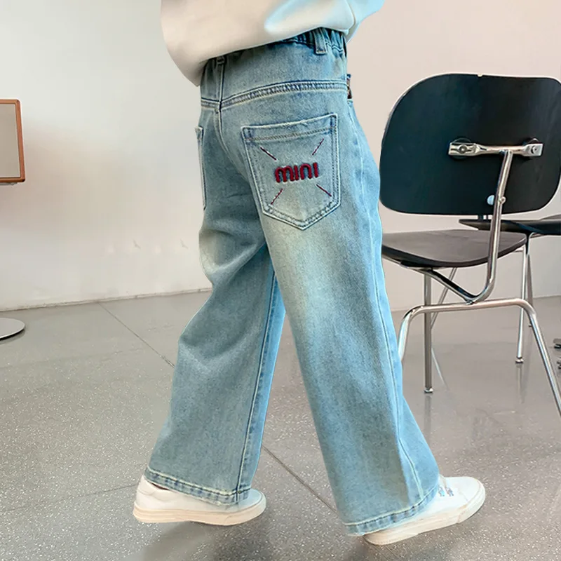 Girls Jeans Loose Simple Teenage Kids Wide Leg Trousers Blue Casual Elastic Waist Straight Leg Pants 12 13 Year Children Clothes